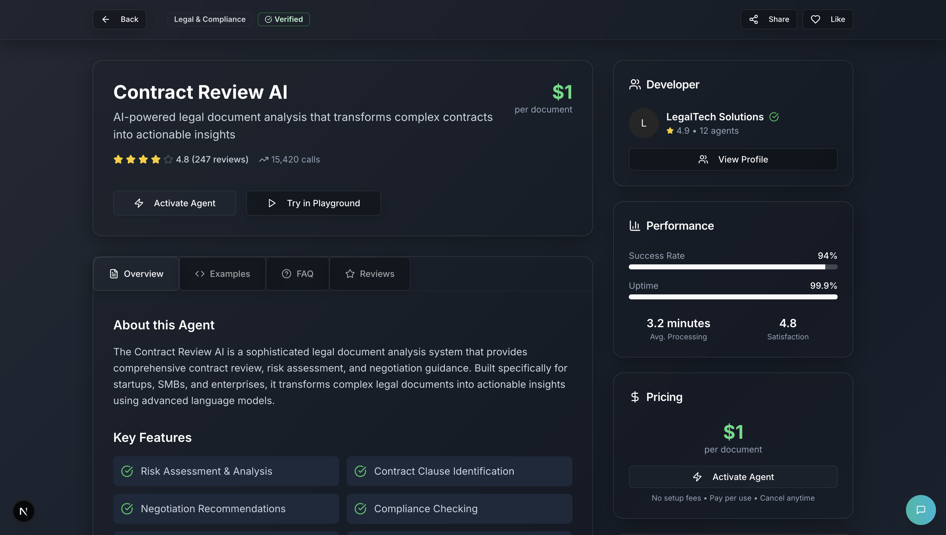Agent Details Page - Comprehensive agent information, examples, and activation